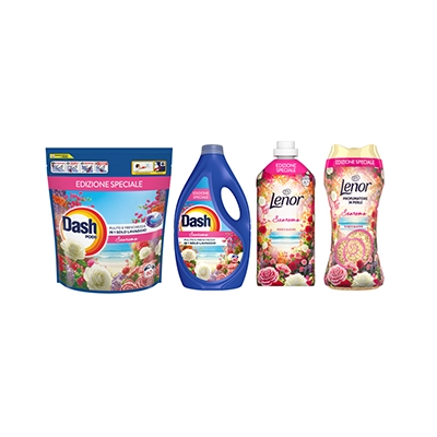 Dash Pods and liquid detergent with Lenor Saronno special-edition laundry products featuring floral packaging.