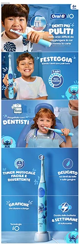 I vantaggi di Oral-B iO Kids: timer musicale di 2 minuti, delicato, nuove grafiche e durata della batteria di 4 settimane.
