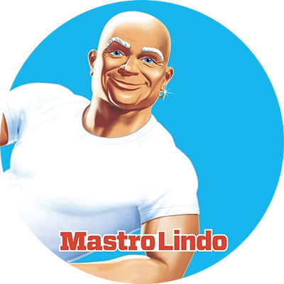 Personaggio Mastro Lindo con le braccia incrociate su sfondo azzurro, con il logo Mastro Lindo in basso.