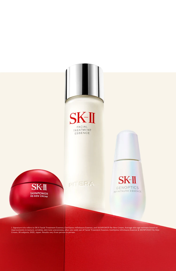 I. Signature trio refers to SK-II Facial Treatment Essence, GenOptics Infinitaura Essence, and SKINPOWER Re-new Cream. Average skin age estimate based on improvements in texture, wrinkles, skin tone unevenness, after one week use of Facial Treatment Essence, GenOptics InfinitAura Essence & Skinpower Re-new Cream, 38 subjects, 2025, Japan. Results vary from person to person.