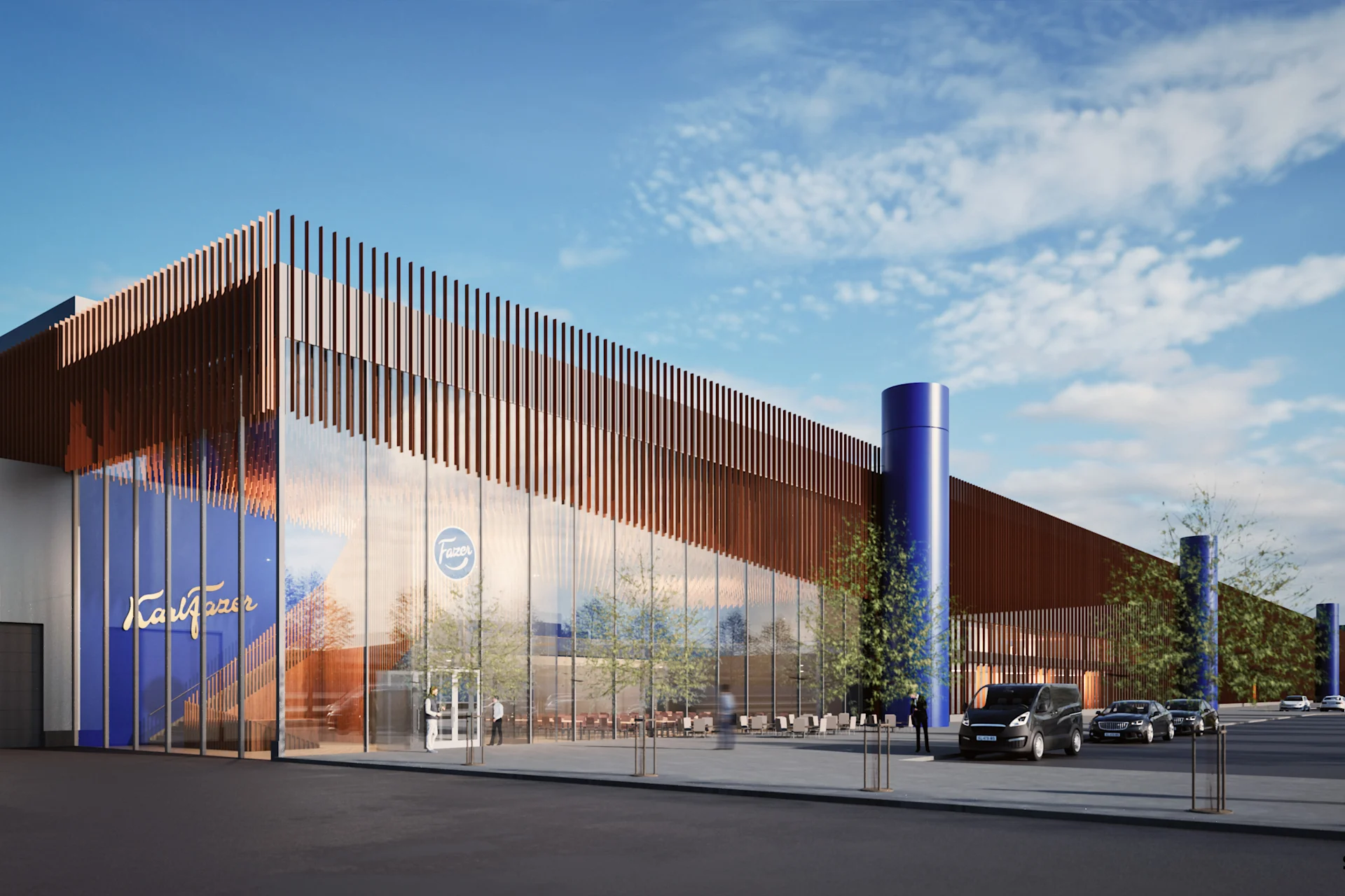 Illustration of Fazer’s chocolate factory. Aspect ratio 3:2, 1620 × 1080 px.