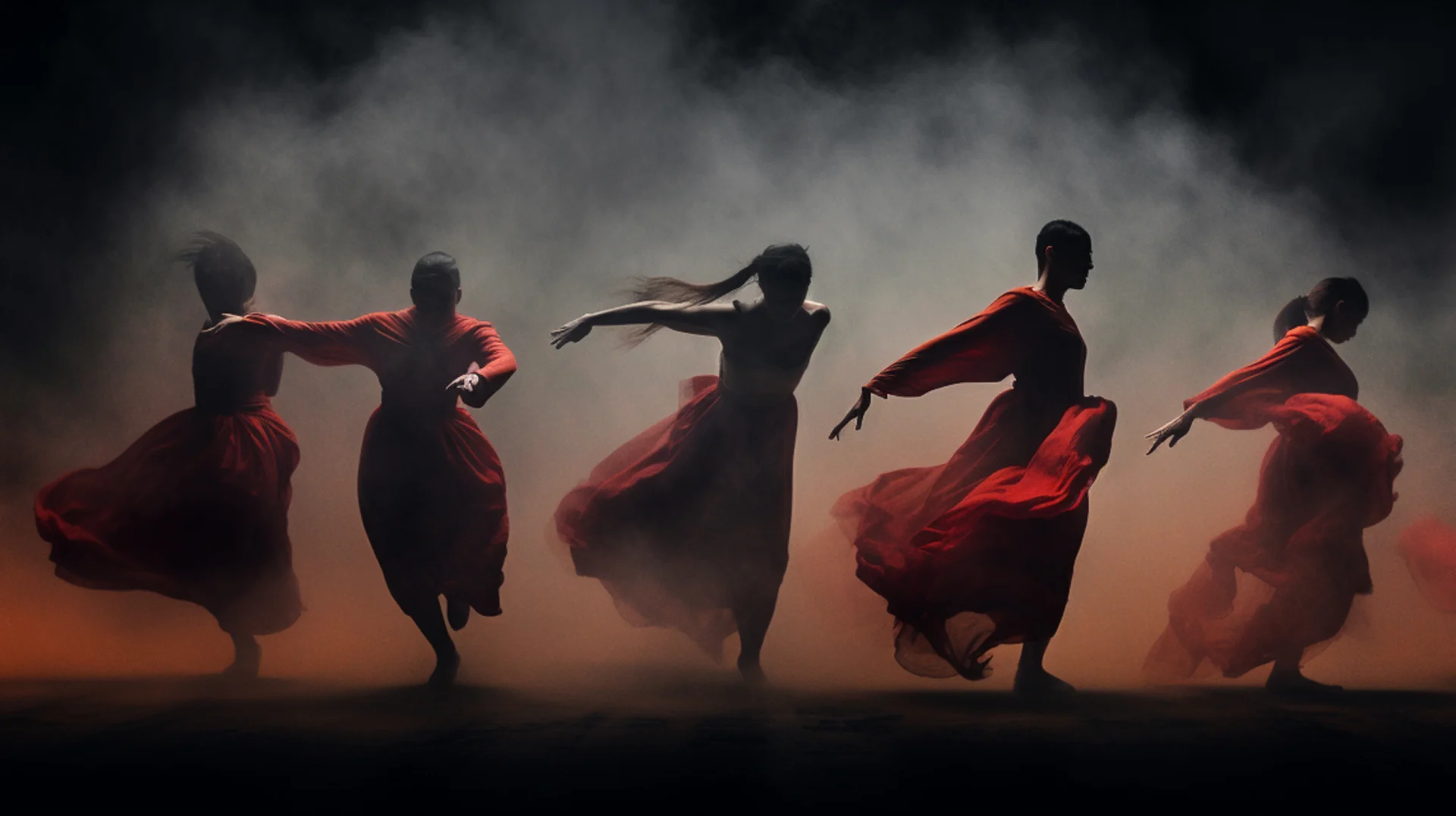Tanssijoita punaisissa asuissaan juoksevat lavalla, ilmassa savua.