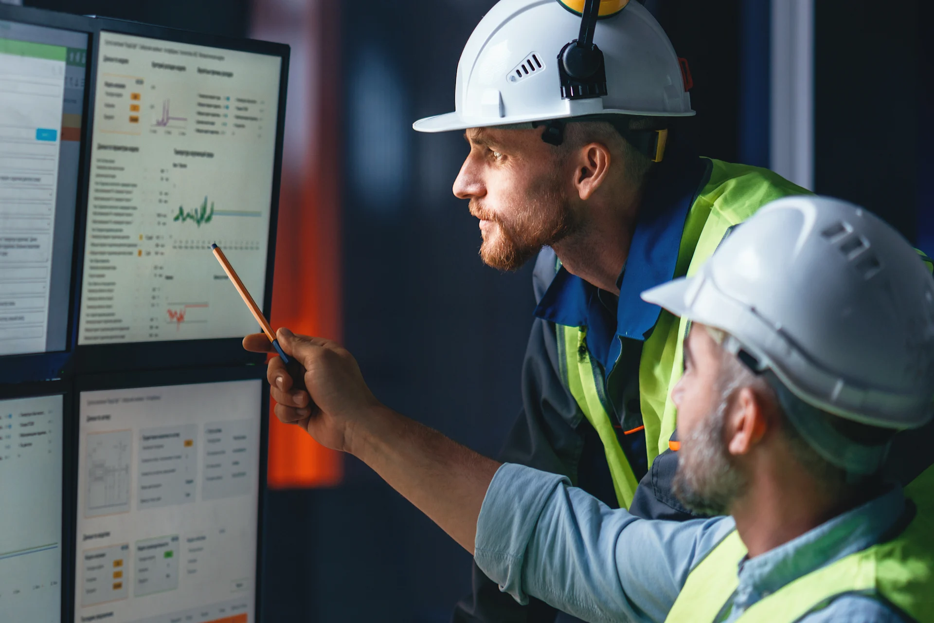 Two experts working in an industrial setting, examining multiple screens displaying production data and graphs. 3:2 -size, 4275 x 2850 px.
