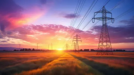 High voltage towers in the rural landscape at sunset.