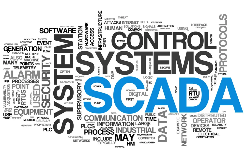 Sanapilvessä sanoja, esimerkiksi scada, systems, control, security ja alarm.
