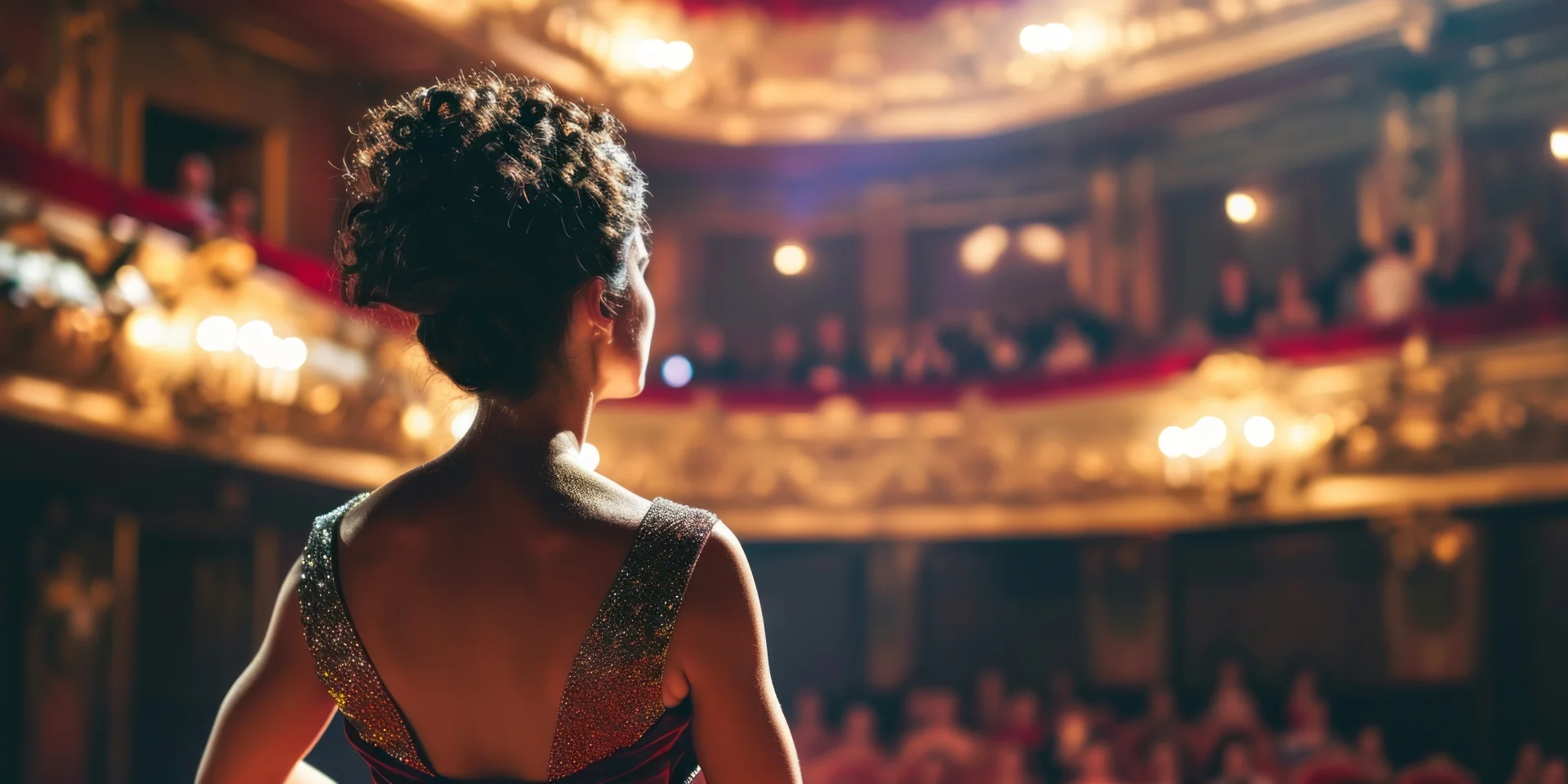 A close-up of a formally dressed performer on the grand stage of a prestigious theater. The performer is depicted from behind, gazing towards the audience, with the lights and spectators blurred in the background.