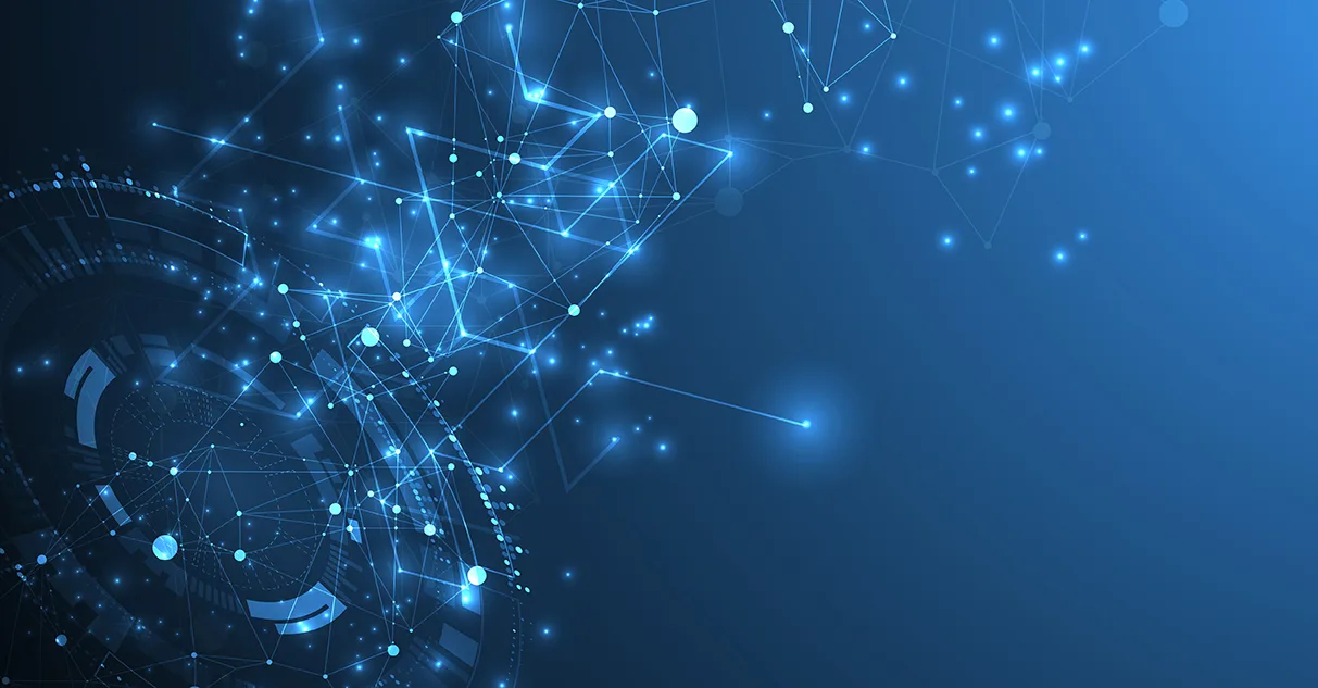 Abstract visualization of digital networks and data connections on a blue background.