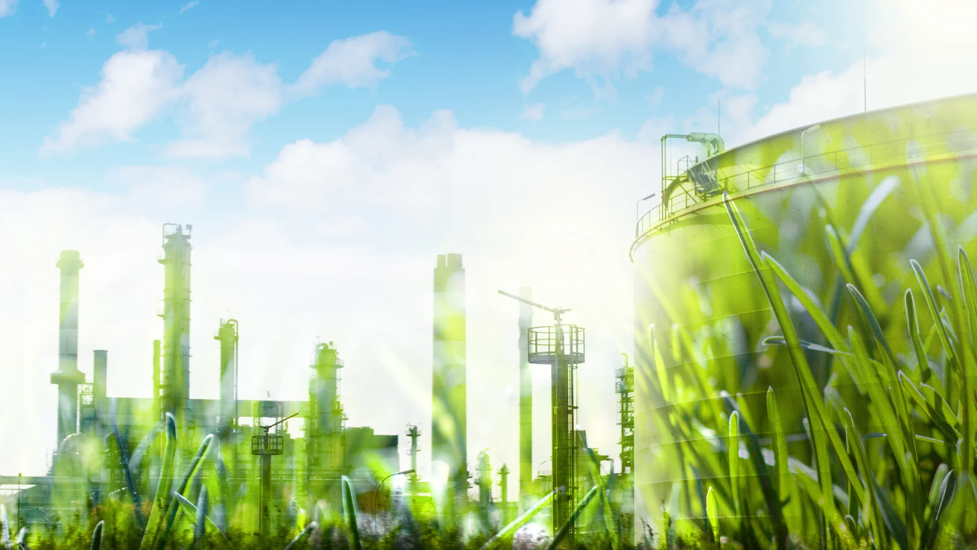 A factory silhouette decorated by green grass with a blue sky in the background.