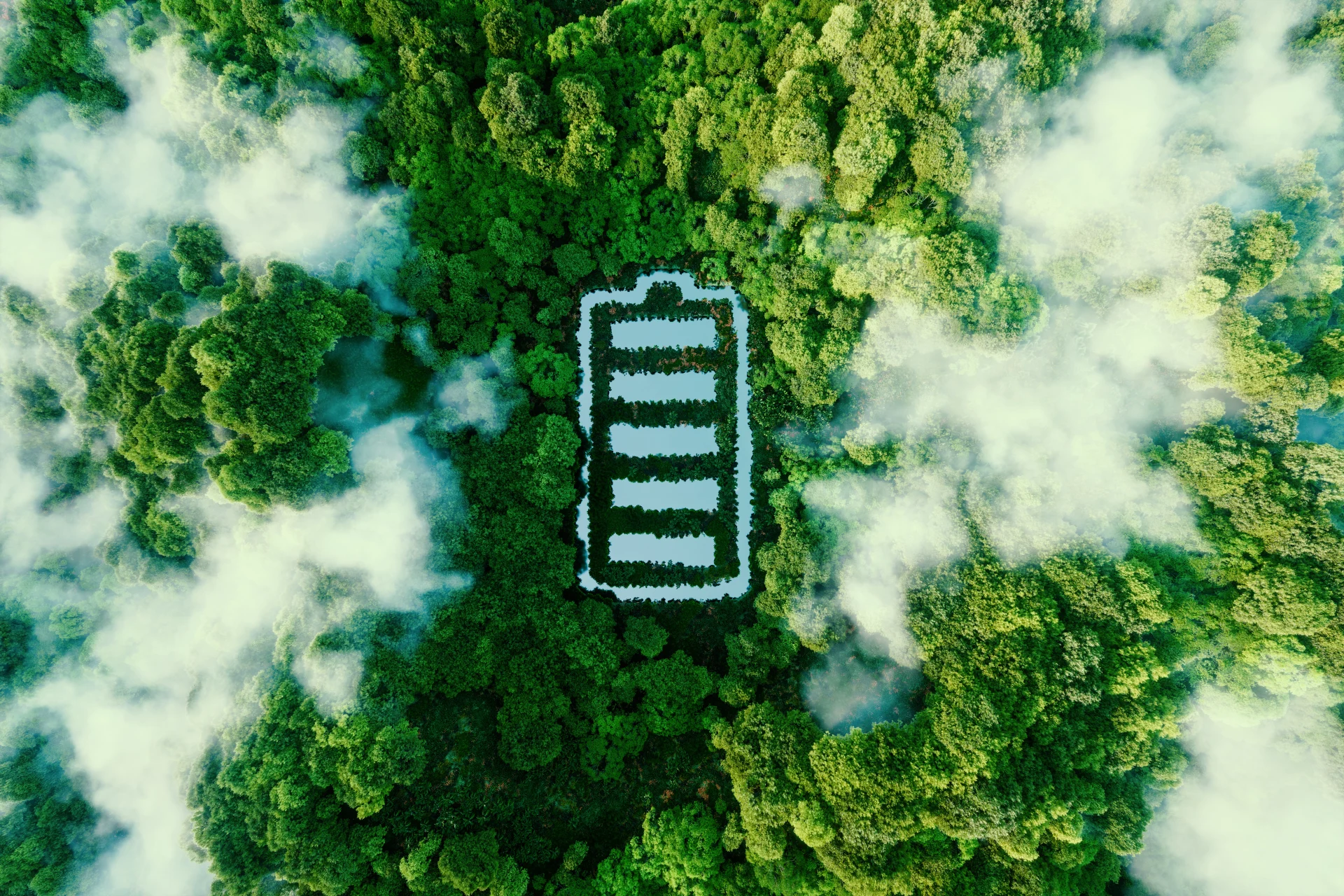 A battery-shaped pond located in a lush forest.