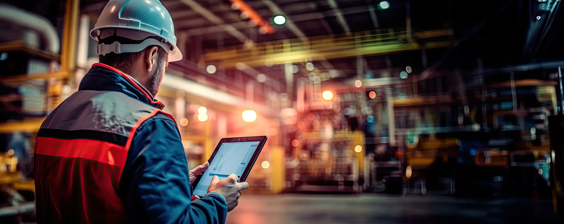 A factory worker holding a tablet