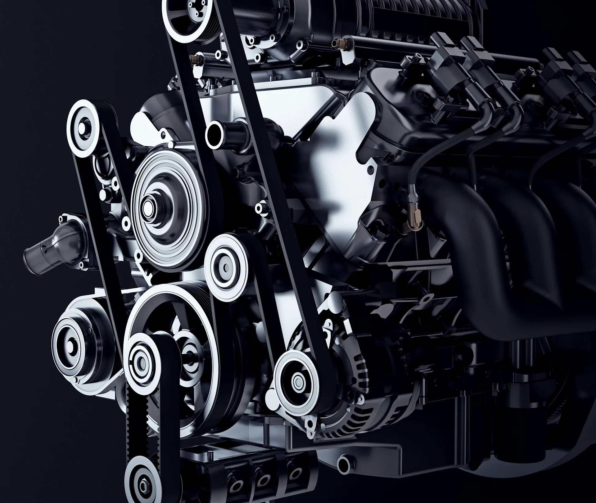 Detailed view of an engine and drivetrain assembly, illustrating technical performance and reliability requirements in machine building.
