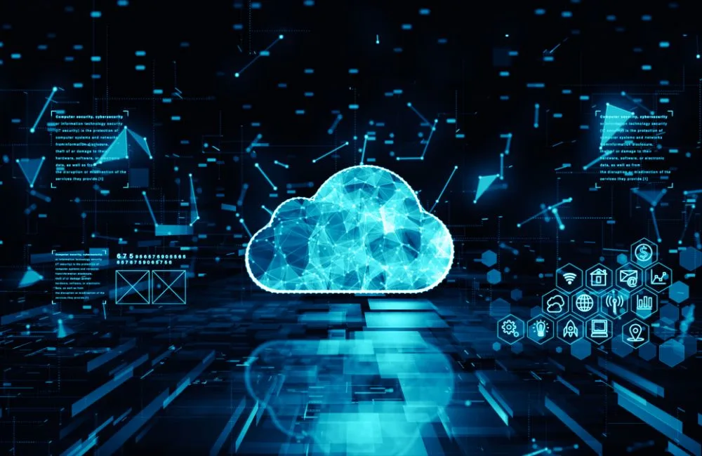 A turquoise digital cloud on a black background, surrounded by several different icons and text boxes.