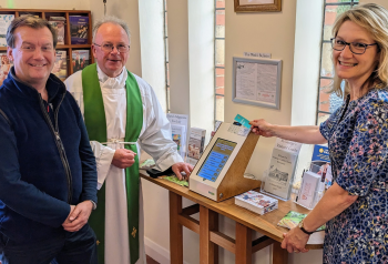 St Georges Warminster staff with Payaz GivingStation, which uses Give A Little software, L-R John Foster, Father Martin Queenan and Rachael Swann