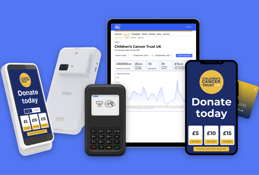 Graphic of Stripe S700 Reader, WisePad 3 card reader, tablet with Give A Little admin dashboard screen and an Android smartphone with Give A Little's Tap on Phone service