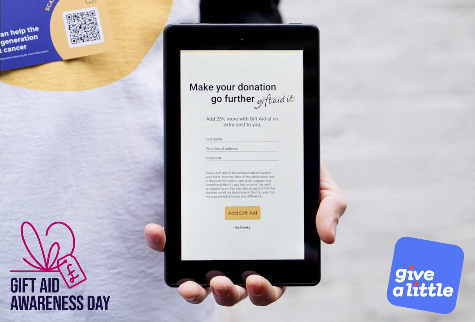 Graphic showing a man holding a tablet with the Give A Little Gift Aid declaration form along with Gift Aid Awareness Day and Give A Little logo