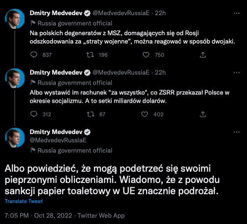 Dmitrij Miedwiediew nie hamował języka, uderzył w polskie żądania odnośnie reparacji