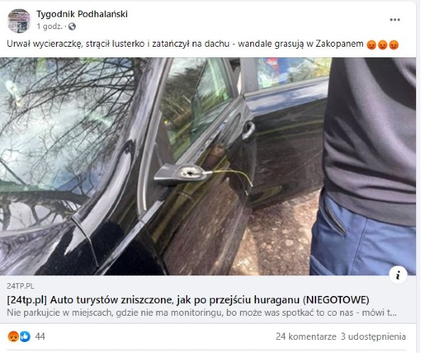 Zdewastowano samochód turystów w Zakopanem