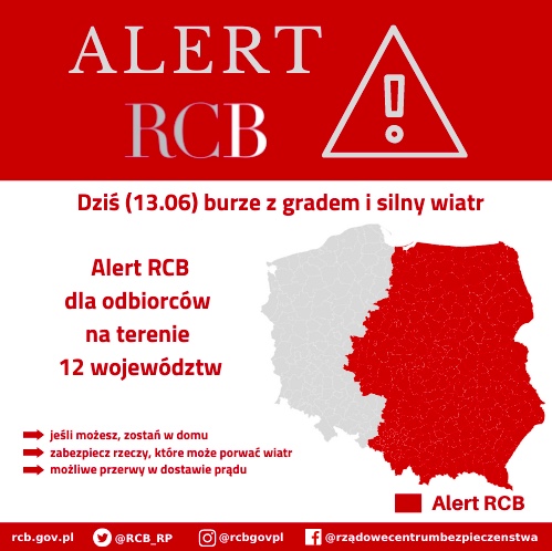 Alert RCB: burze zagrożeniem aż w 12 województwach