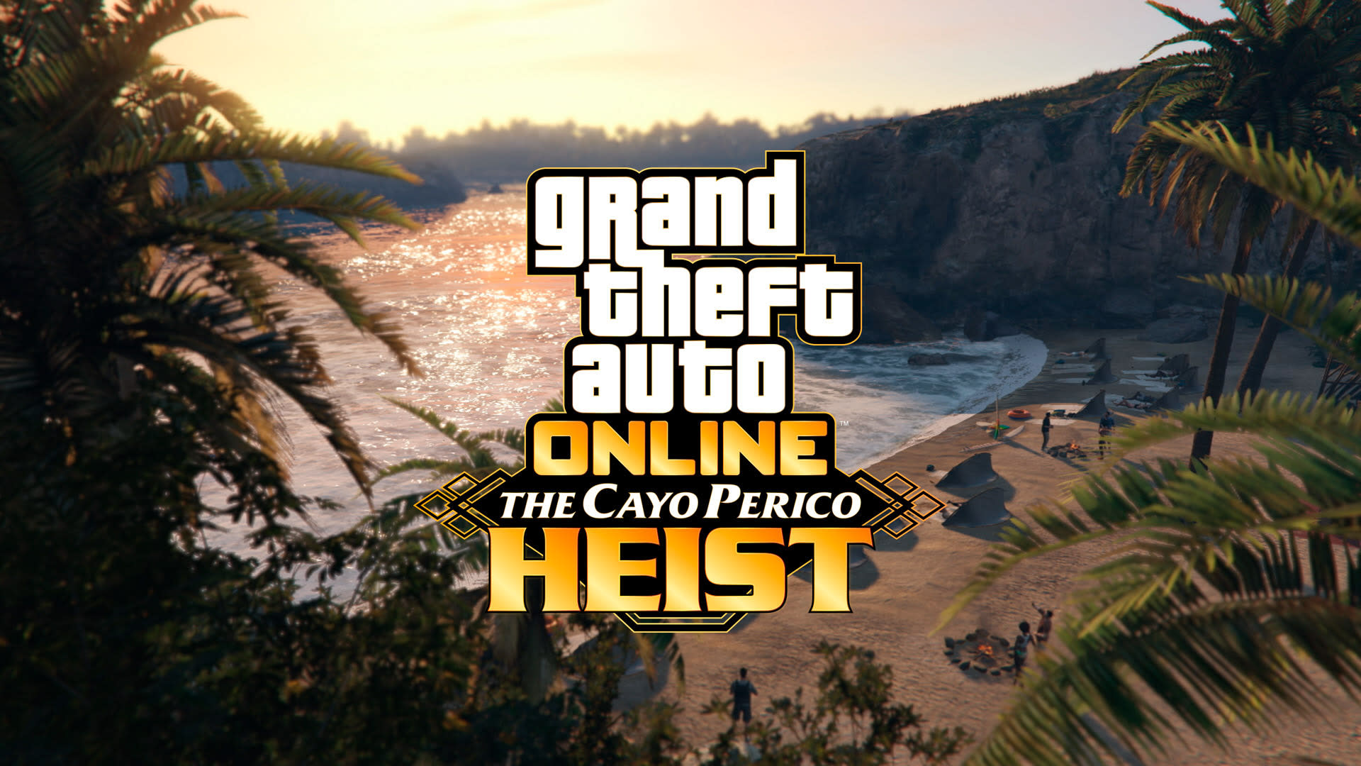 Logo GTA Online The Cayo Perico Heist z tropikalną wyspą w tle