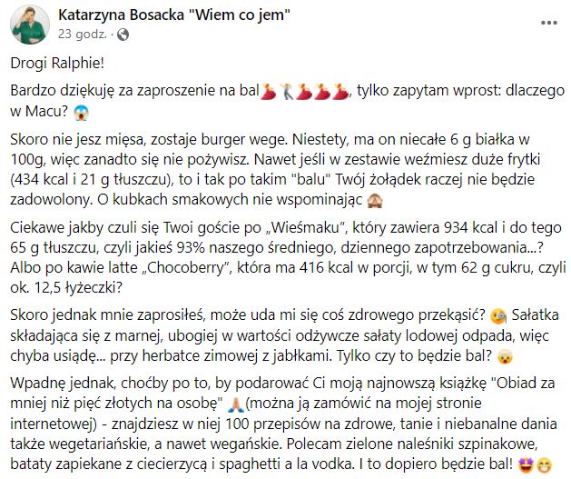 Katarzyna Bosacka skrytykowała współpracę Ralpha Kamińskiego z McDonald's