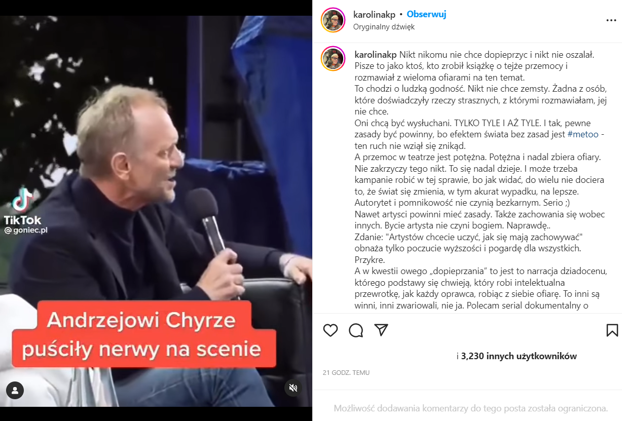 Karolina Korwin-Piotrowsko ostro o zachowaniu Andrzeja Chyry