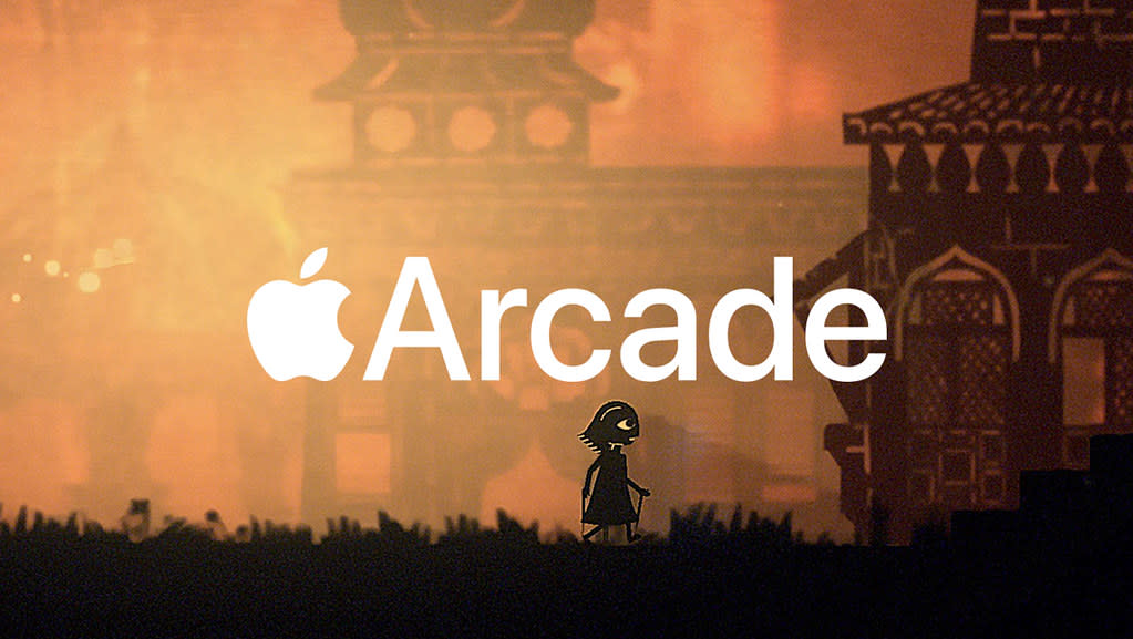 Grafika z logiem firmy Apple oraz napisem Arcade. W tle postać z gry.