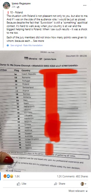 Ukraińska jurorka pokazała swoją kartę głosowania