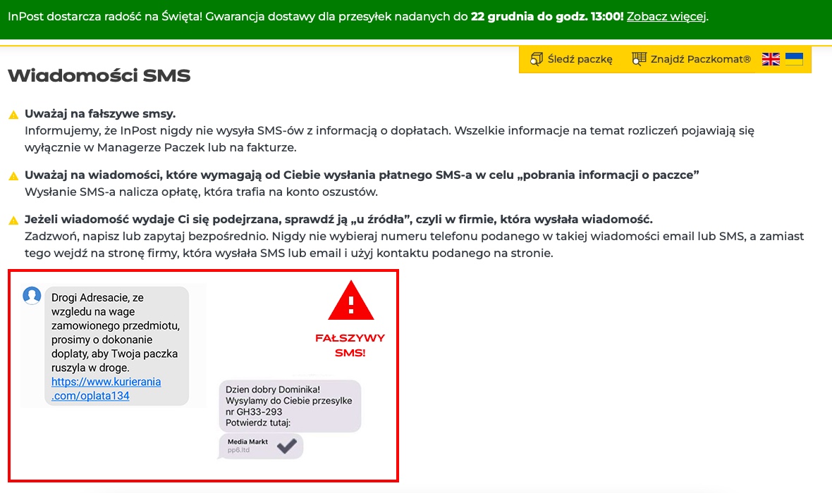 Oszustwo na niedopłatę dostrzeżone przez InPost, firma ostrzega klientów. Fot. screen inpost.pl