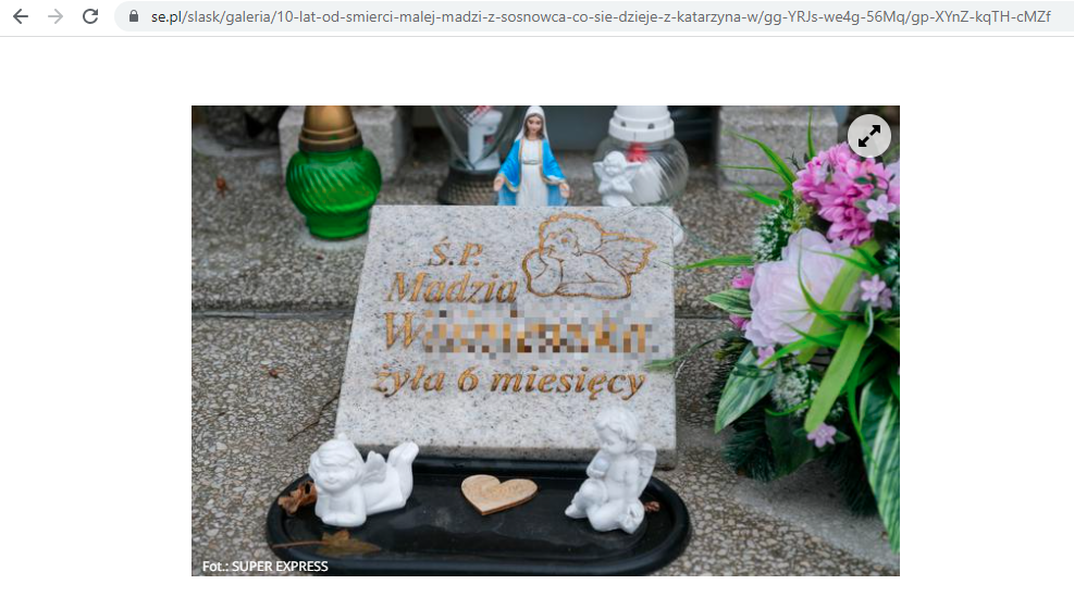 fot. screen z artykułu se.pl ,,Tak wygląda grób Madzi z Sosnowca 10 lat po jej śmierci. Aniołek czuwa nad jej duszyczką” z dnia 24.01.2022r.