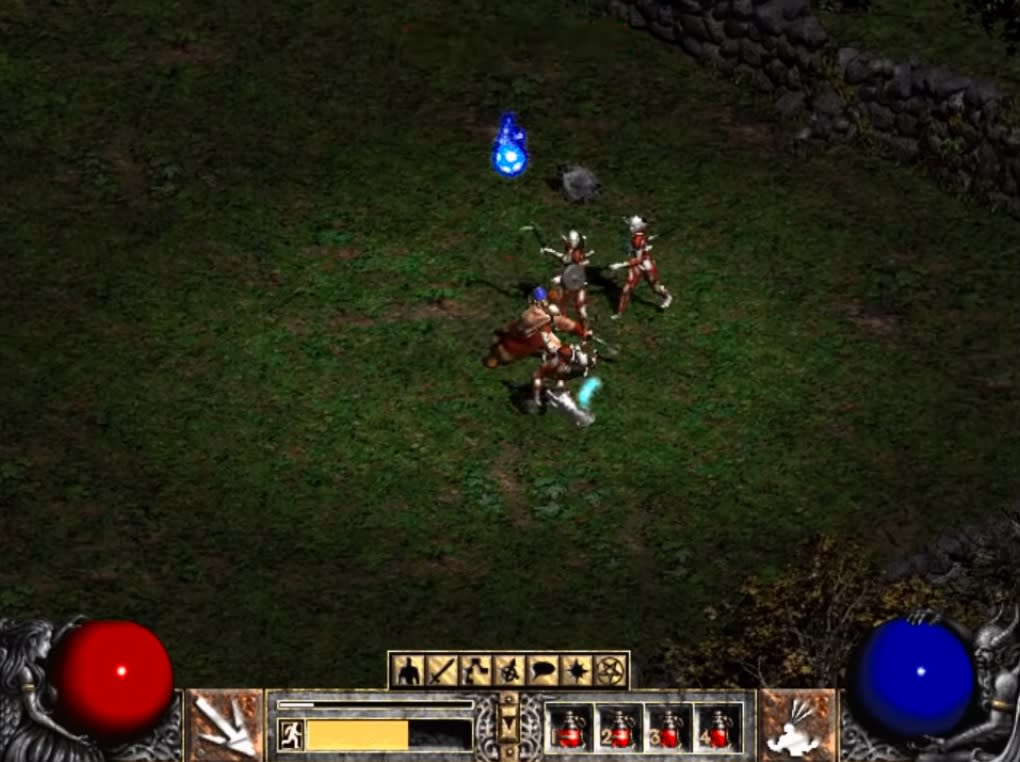 Screen z gry Diablo II przedstawiający bohatera walczącego na łące