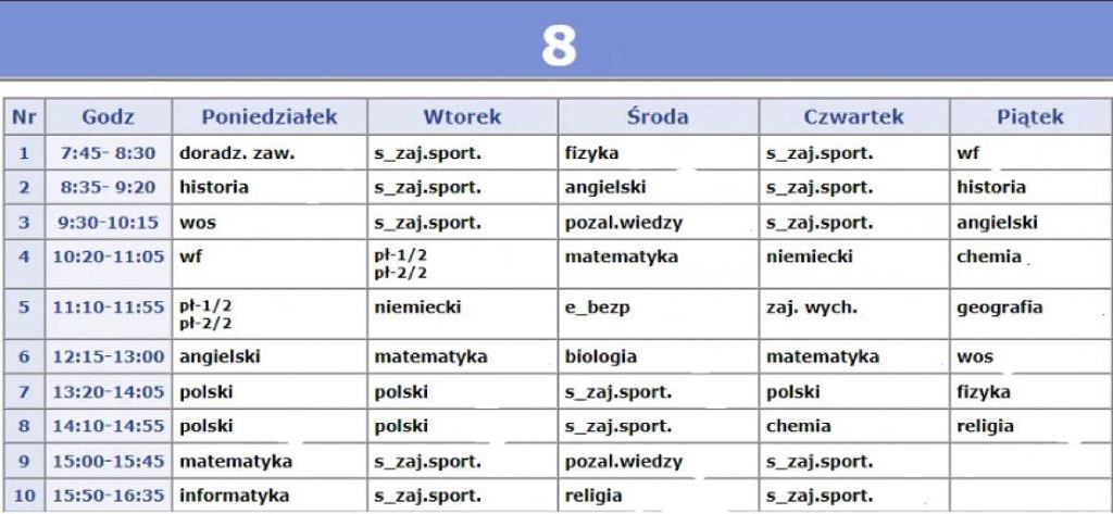 Plan lekcji ucznia