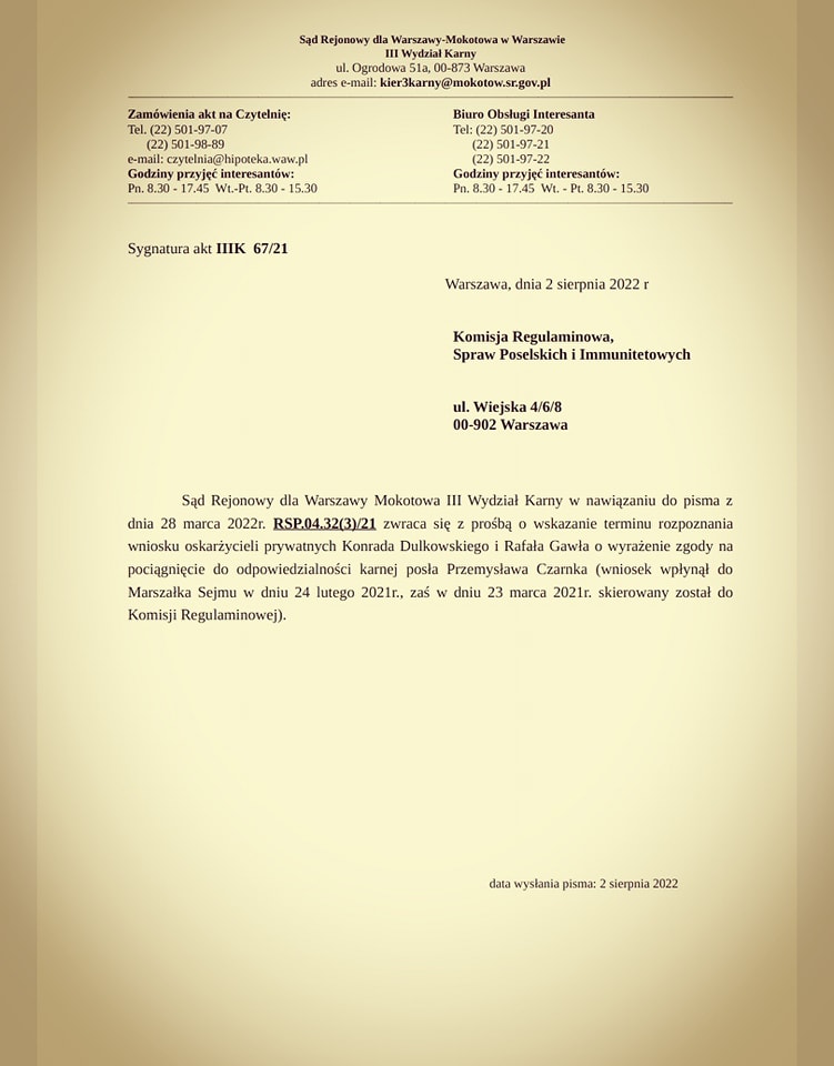Pismo z sądu skierowane do Komisji Regulaminowej w Sejmie.