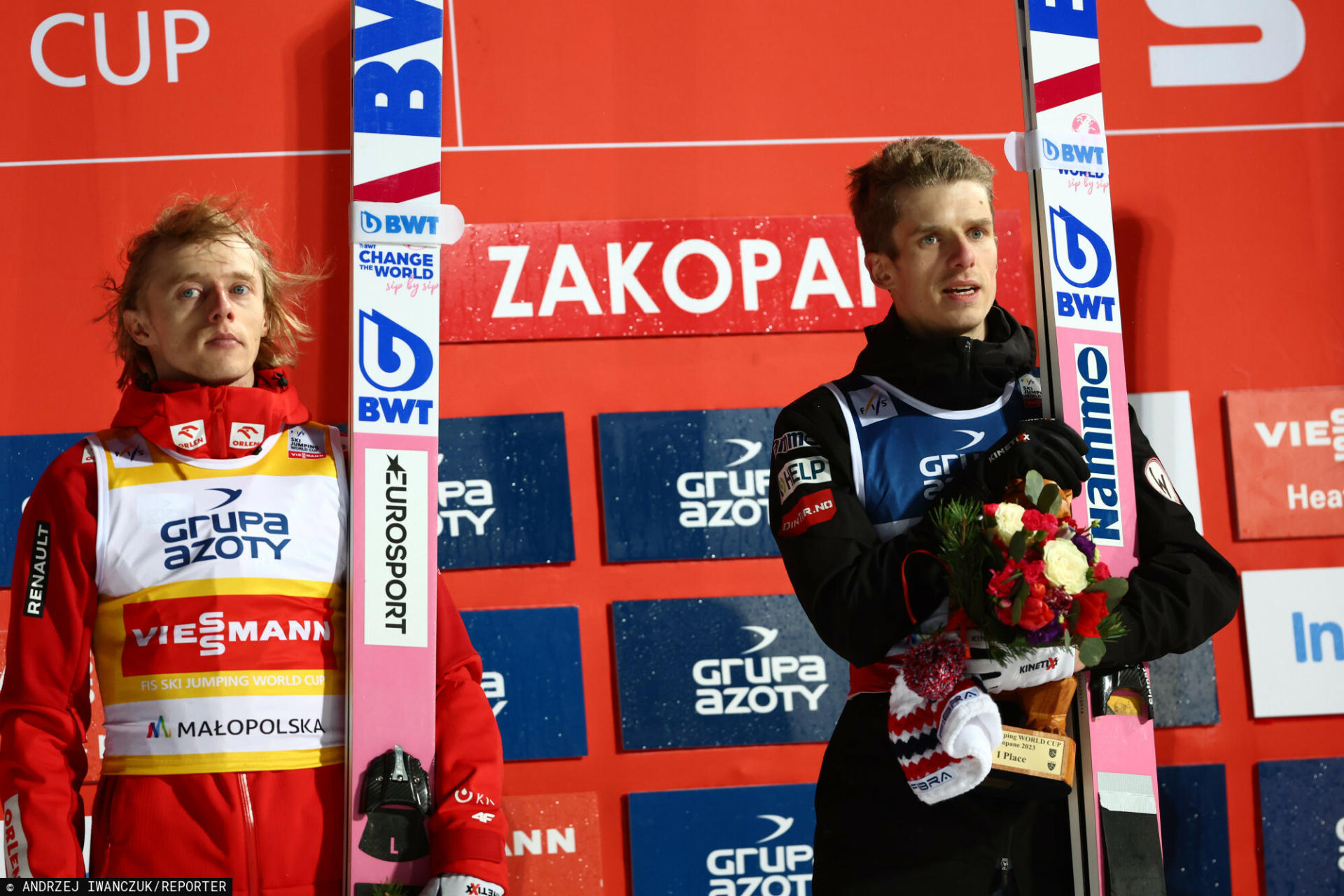 Dawid Kubacki i Halvor Egner Granerund na podium po zawodach w Zakopanem / ANDRZEJ IWANCZUK/REPORTER