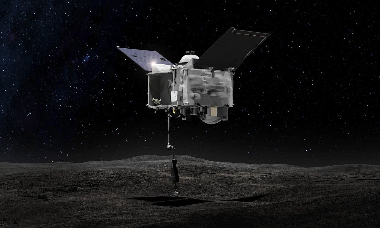 Grafika koncepcyjna lądowania sondy OSIRIS-REx na asteroidzie Bennu.