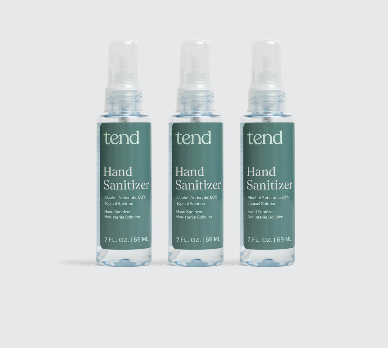 Three bottles of Tend hand sanitizer