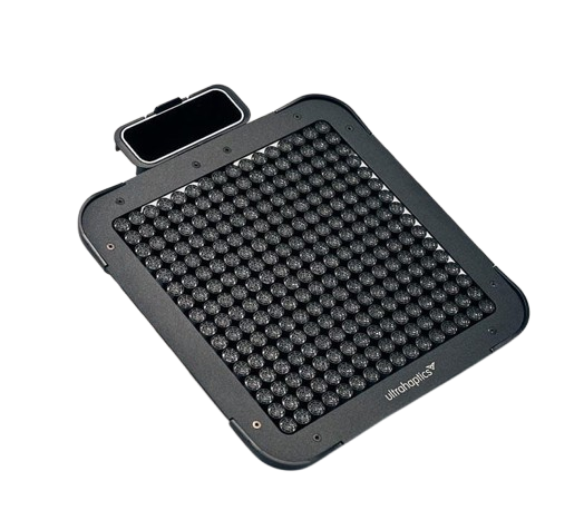 Mid-air haptic device with 20x20 speakers emitting ultrasound waves.