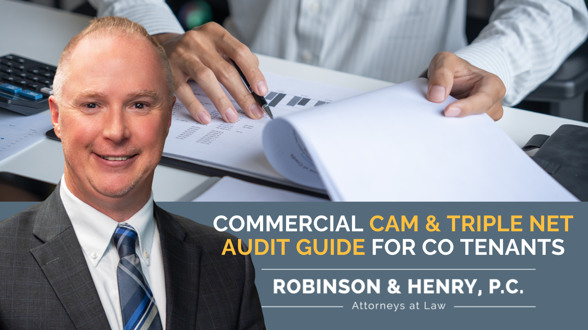 A smiling man in a suit on the left and a person reviewing financial documents in the background. Text reads: 