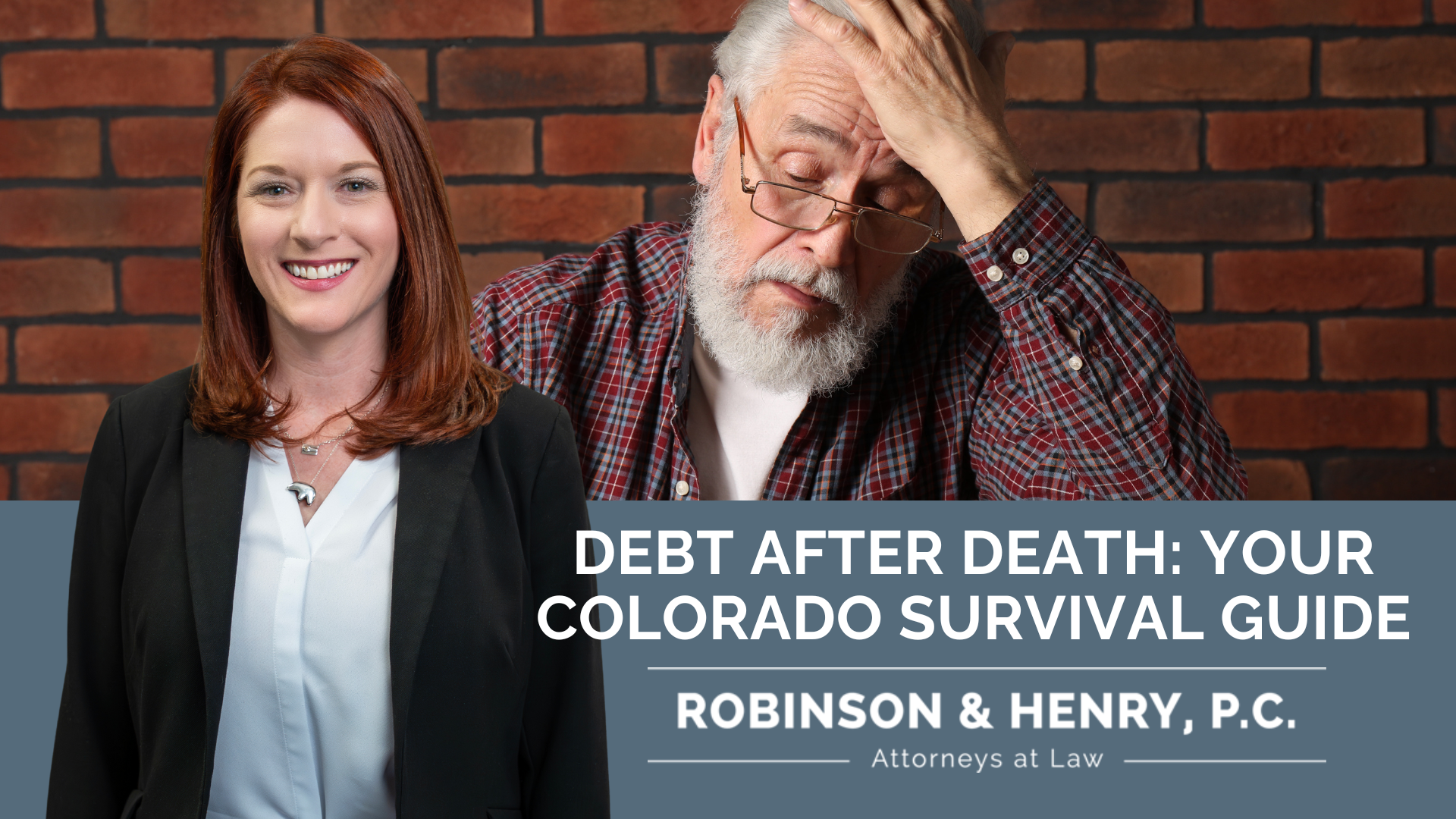 On the left, a woman with shoulder-length auburn hair wears a white blouse, a black blazer, and a silver necklace; she is smiling directly at the camera. To her right, an elderly man with a white beard and glasses looks down with a distressed expression, resting his forehead in his hand. The bottom third of the image is covered by a solid slate-blue banner. The top line of text reads 