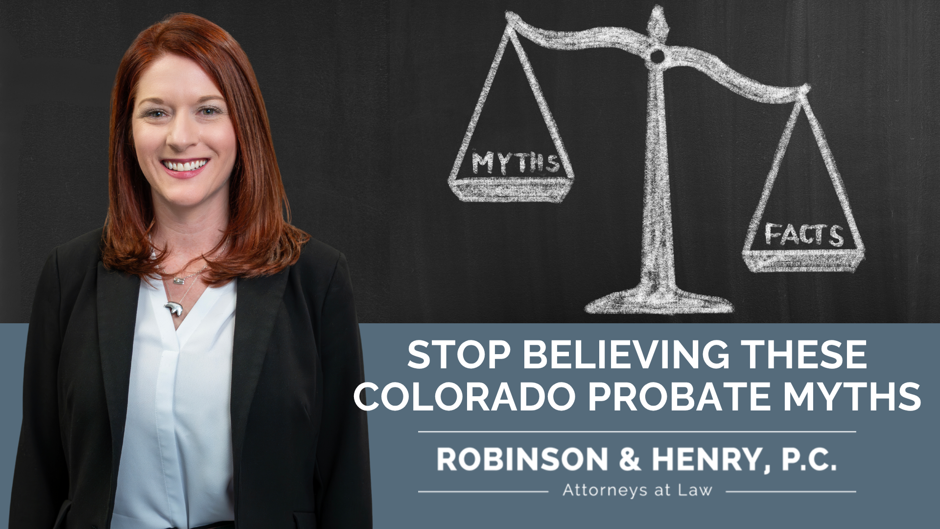 Professional headshot of a female attorney alongside a chalkboard illustration of a scale weighing 