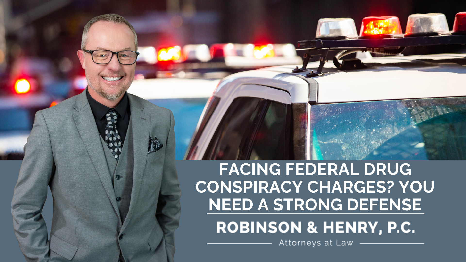 The provided image features a lawyer with a police car backdrop and the text 