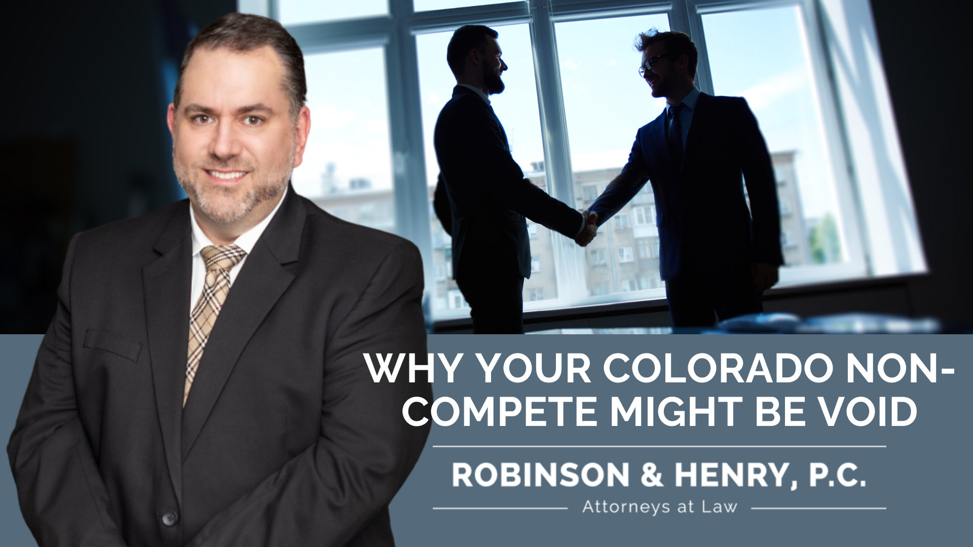 A professional promotional graphic for the law firm Robinson & Henry, P.C. featuring attorney Eric Neeper. The text reads, 