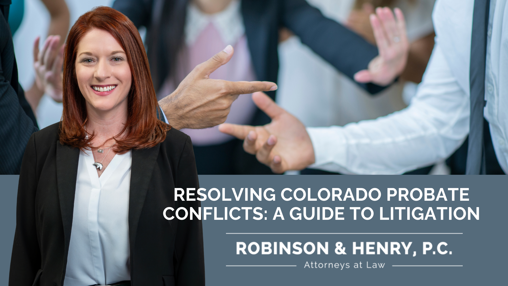 A professional woman with red hair stands confidently in front of a blurred background, showing people in a heated disagreement. The text overlay reads, 