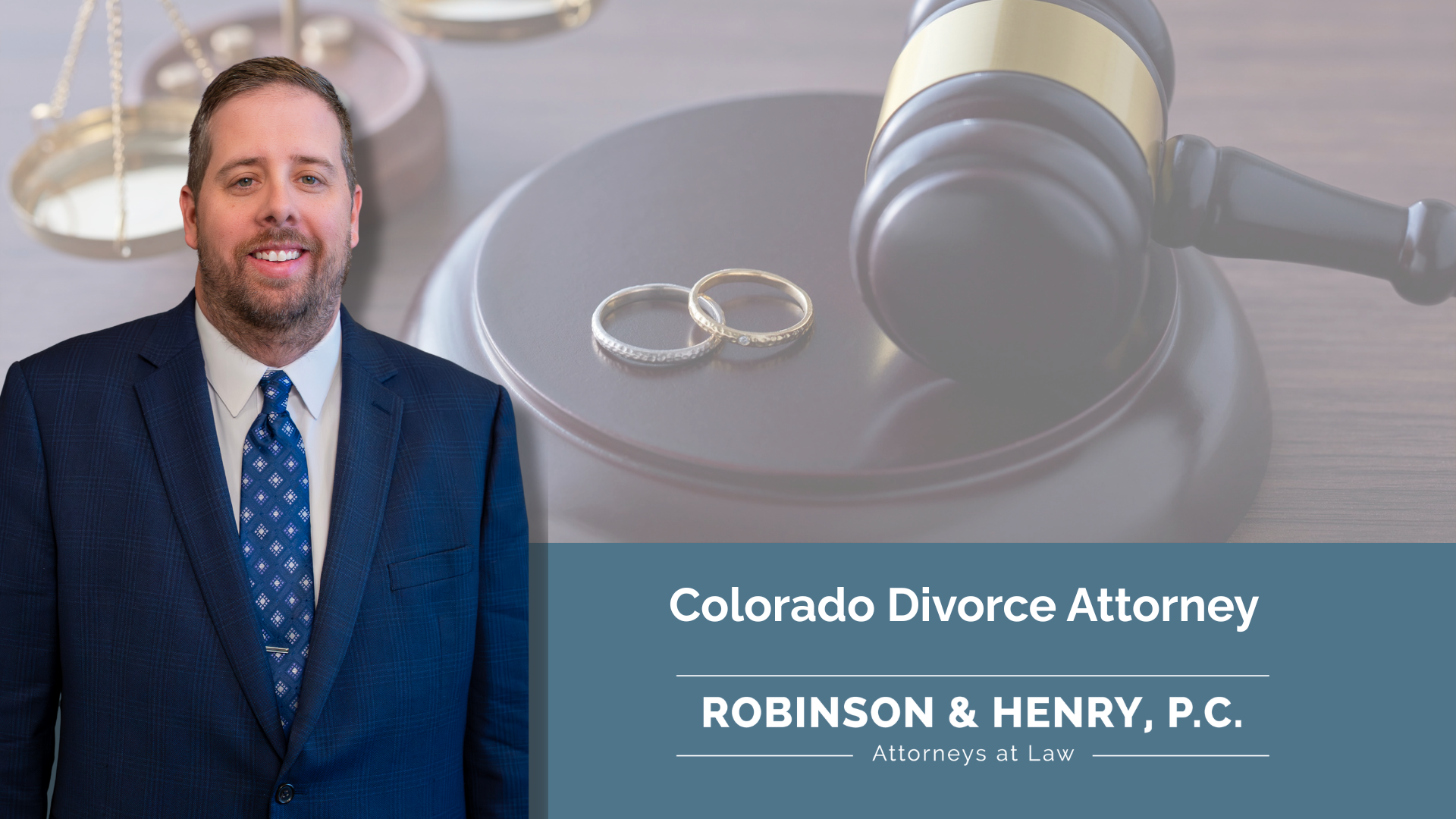 Image of attorney Matthew Patton on divorce attorney banner with a faded image of wedding rings on a gavel.