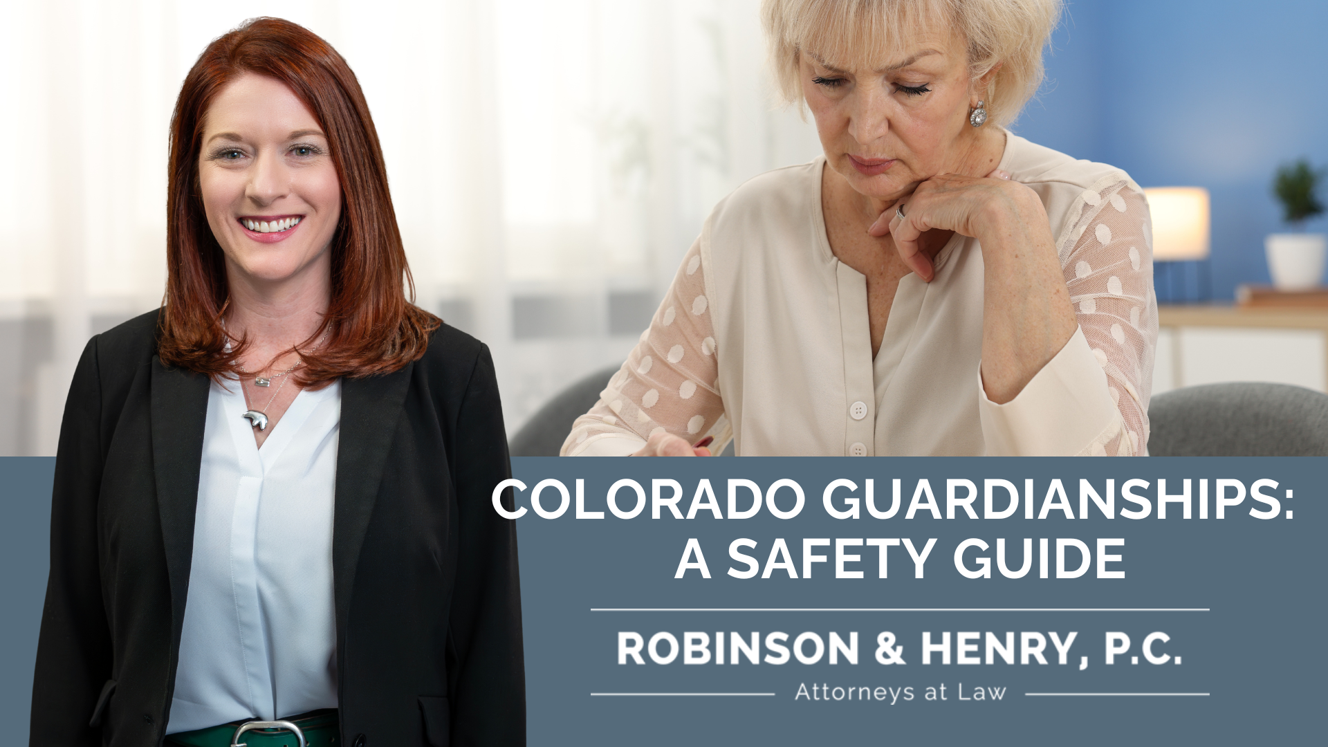 On the left, a woman with long red hair and a black blazer smiles directly at the camera. On the right, an older woman with blonde hair is looking down, seemingly focused on writing or reviewing a document. The center-right of the image contains the following text: 