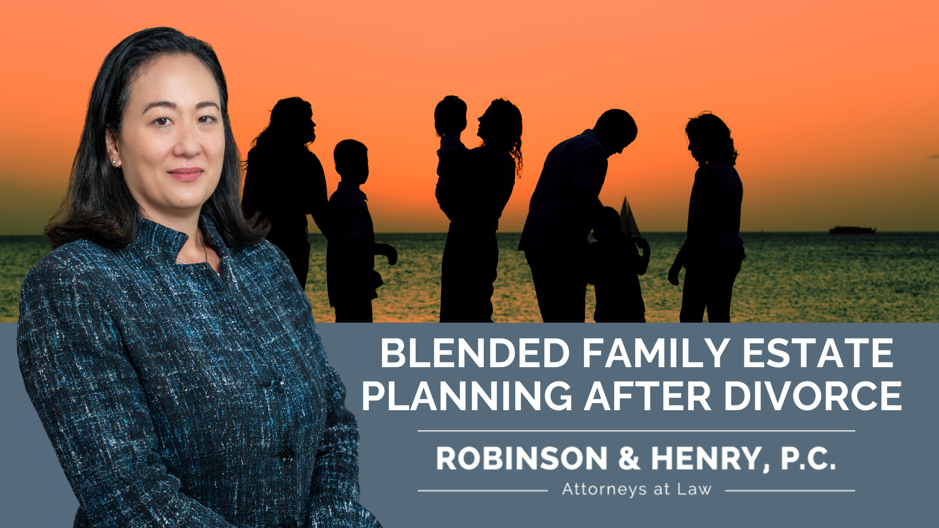 A smiling woman in a dark blue patterned blazer stands on the left side of the frame, with a scenic sunset over the ocean behind her. On the right, a silhouette of a blended family—a man, a woman, and four children of varying heights—is seen walking along the shore. The text 