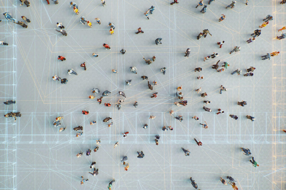 People walking through a square, seen from above, with architectural lines illustrating their connection