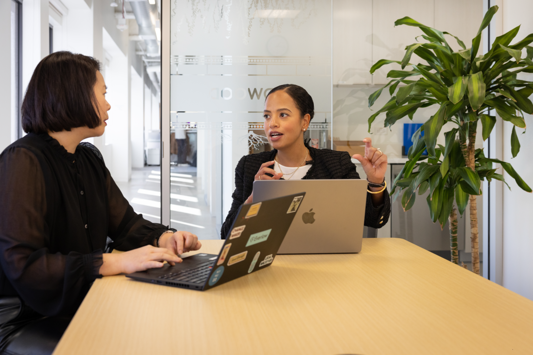 Blog card - photography - two women talking with laptops - Shana & Catherine
