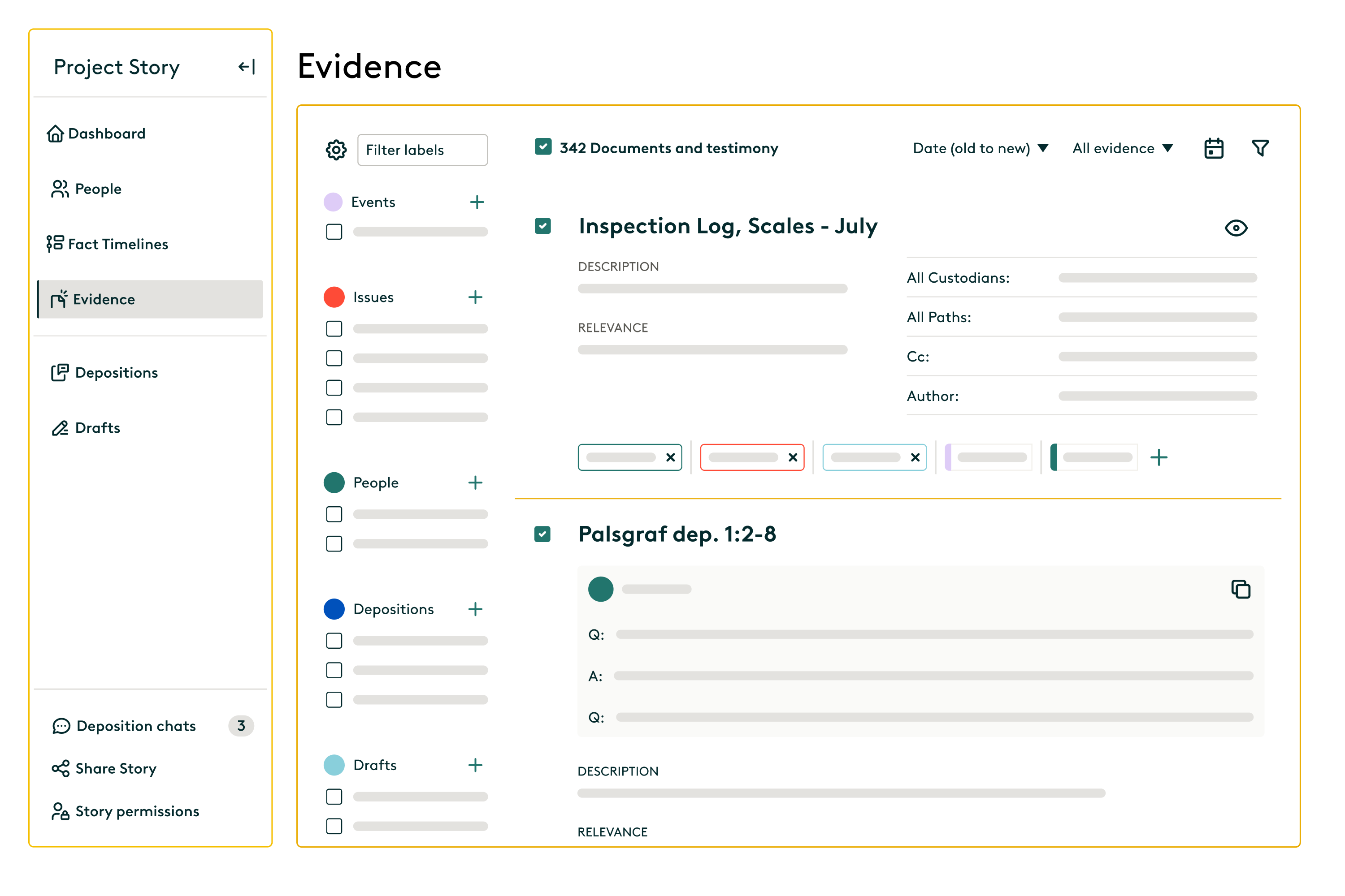 A abstract view of our no-cost, collaborative narrative building, timeline creating and trial preparation platform, Storybuilder.