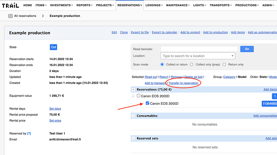 Equipment management reservation item transfer 1