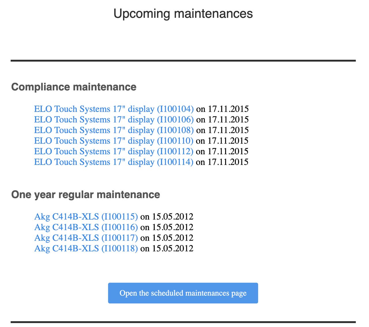 Maintenance notification email